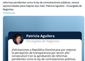 Embajada Estados Unidos felicita a RD por mejorar percepción de transparencia por tercer año consecutivo